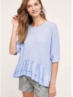AKEMI + KIN ANTHROPOLOGIE Cascade Peplum Top S Light Blue Women's Ruffle Hem Top